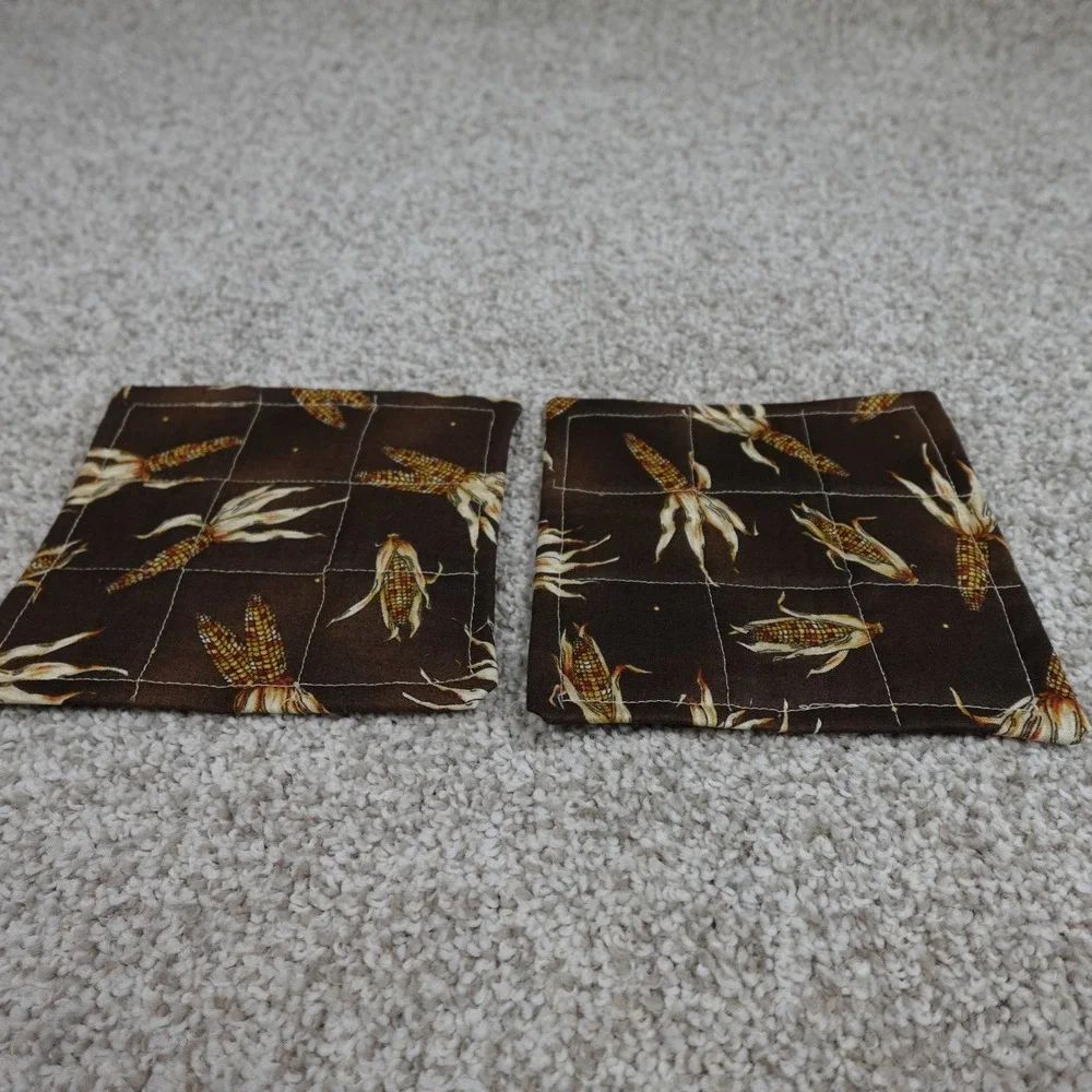 Handmade Brown Quilted 9 Patch Mug Rug Coasters Set of 2 Corn Harvest 6x6